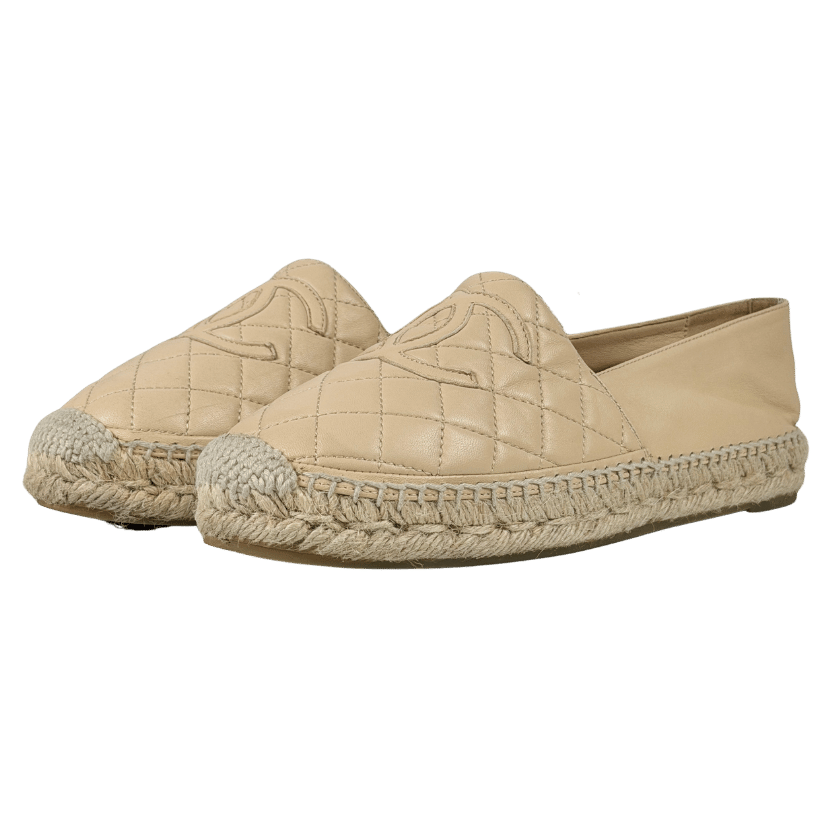 CHANEL Beige Leather Cc Quilted Espadrilles Flats UK 5 EU 38
