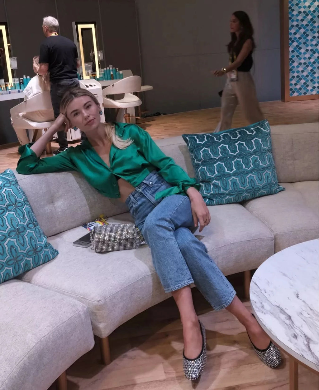 Woera Green 100% Silk Cropped Gathered Hem Shirt UK XS