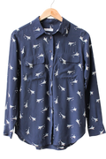 Equipment Blue 100% Washed Silk Eiffel Tower Print Shirt UK XS