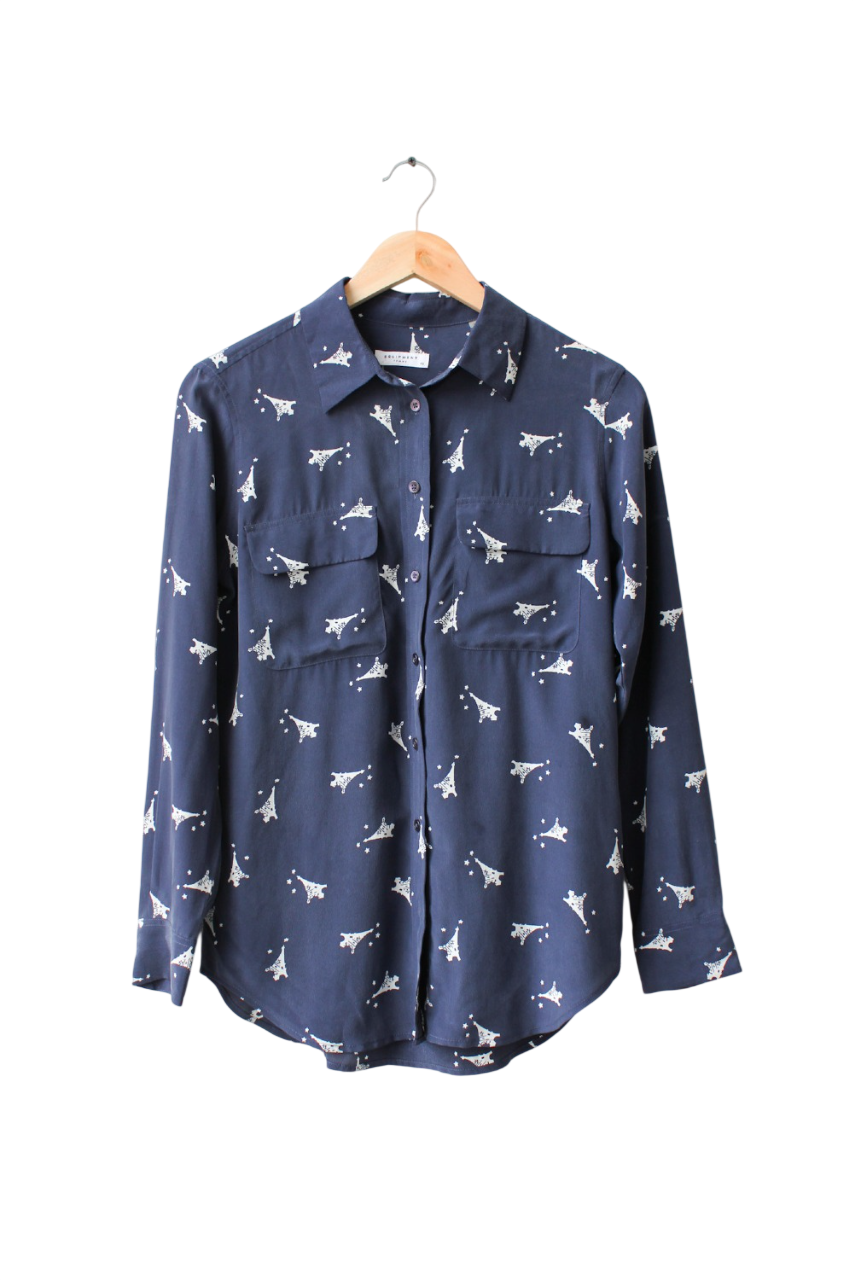 Equipment Blue 100% Washed Silk Eiffel Tower Print Shirt UK XS