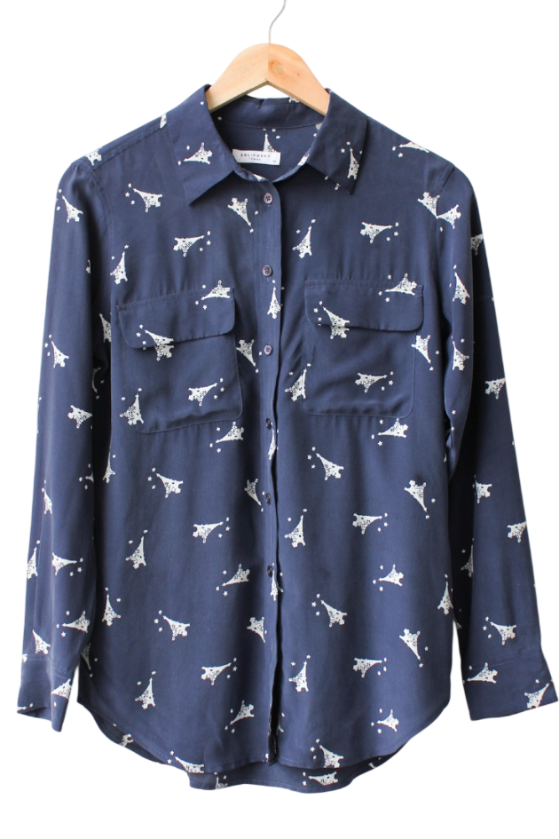 Equipment Blue 100% Washed Silk Eiffel Tower Print Shirt UK XS