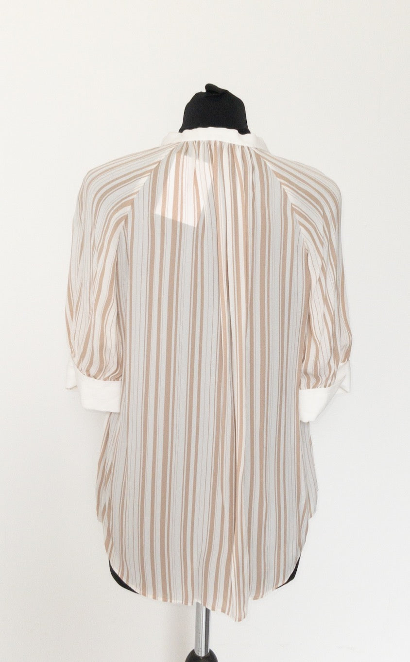 REISS Beige White Sydney Striped Puff Sleeve Blouse UK 8