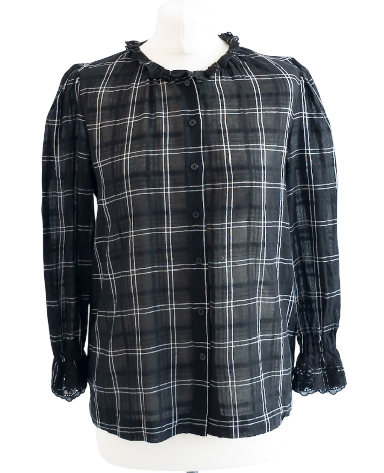Wyse London Camila Check Broderie Trim Shirt - Black UK 6