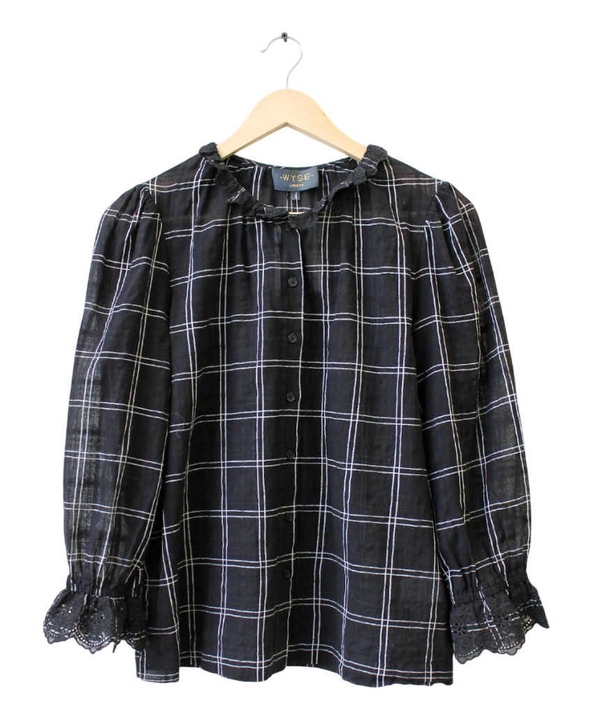 Wyse London Camila Check Broderie Trim Shirt - Black UK 6