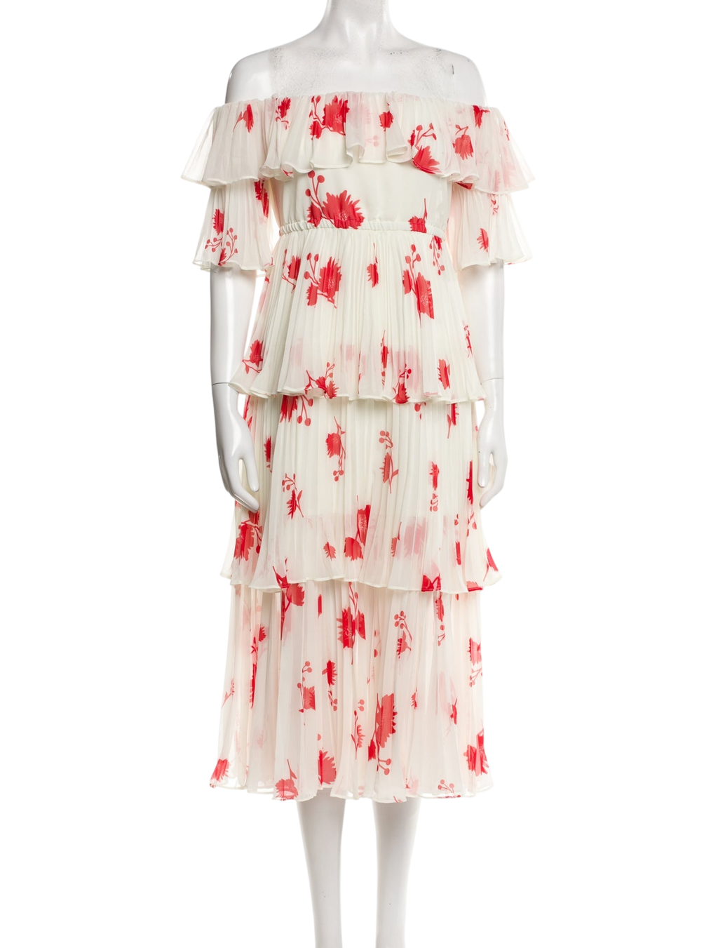 SELF PORTRAIT White/red Tiered Floral Print Midi Length Dress UK 12