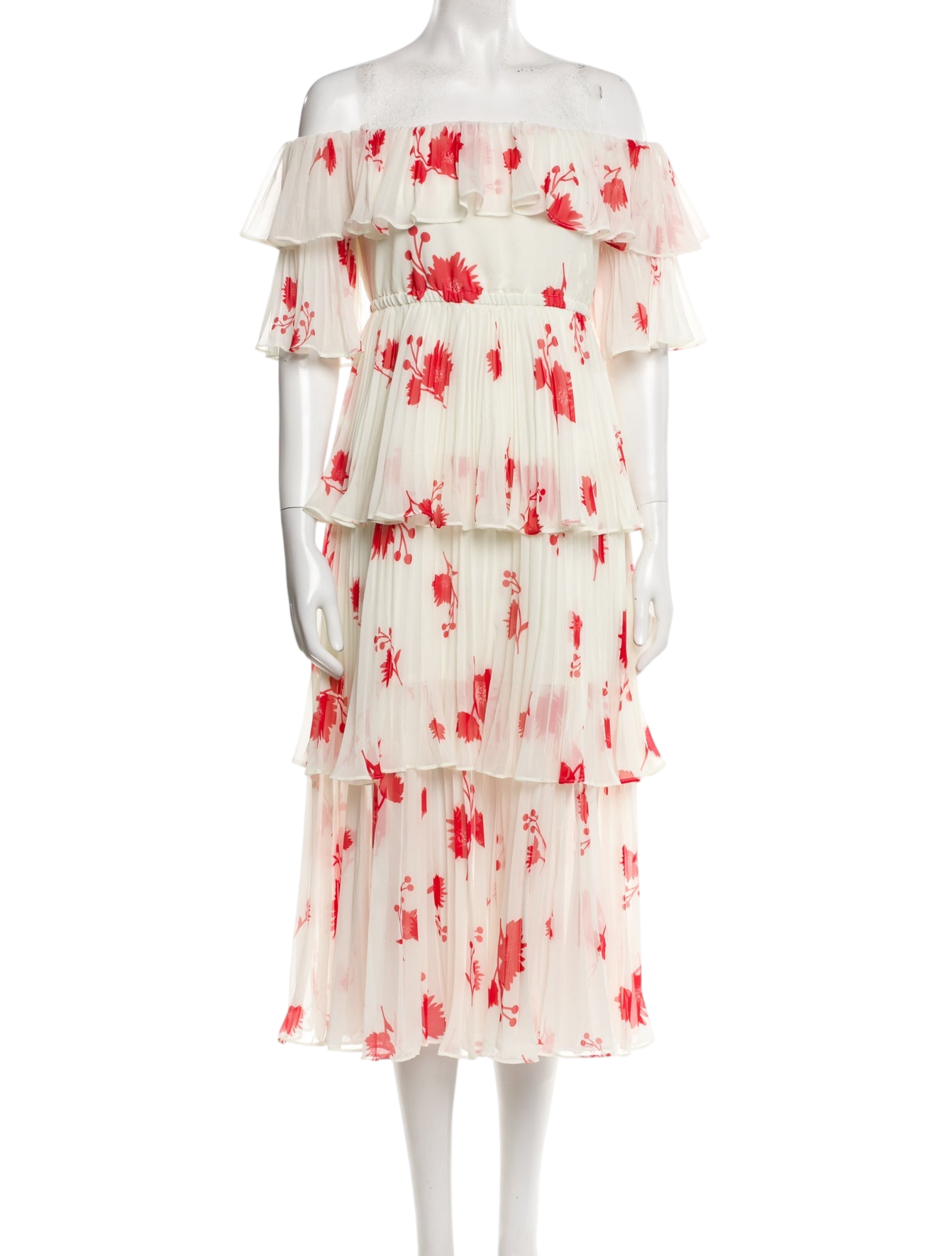 SELF PORTRAIT White/red Tiered Floral Print Midi Length Dress UK 12