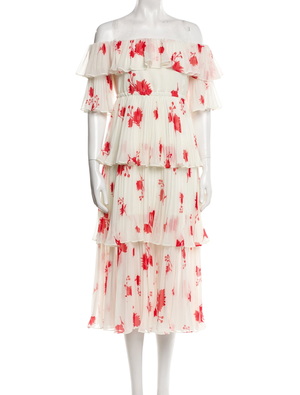 SELF PORTRAIT White/red Tiered Floral Print Midi Length Dress UK 12