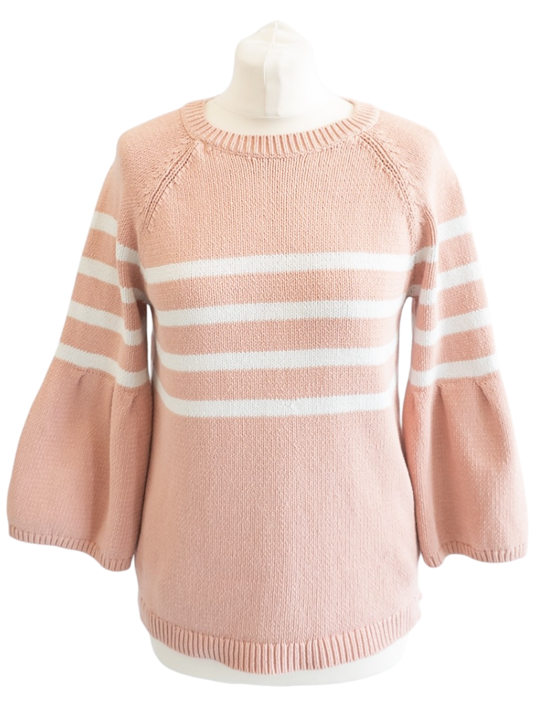Boden Pink Cotton Bell Sleeve Jumper With White Stripes UK M