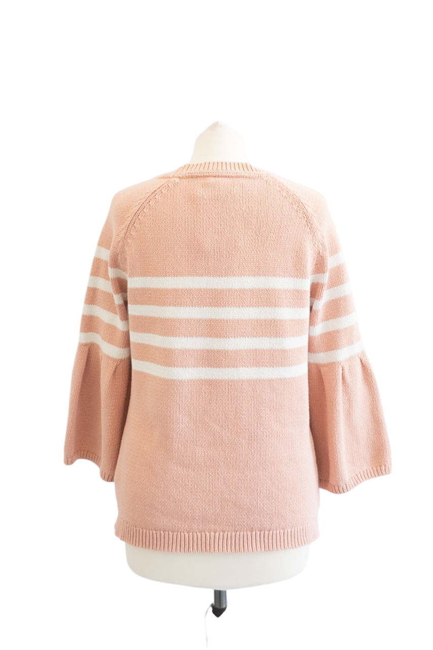 Boden Pink Cotton Bell Sleeve Jumper With White Stripes UK M