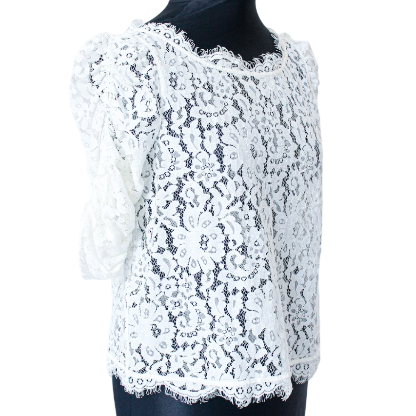 Joie White X584 Sheer Lace Ruched Sleeve Blouse UK M