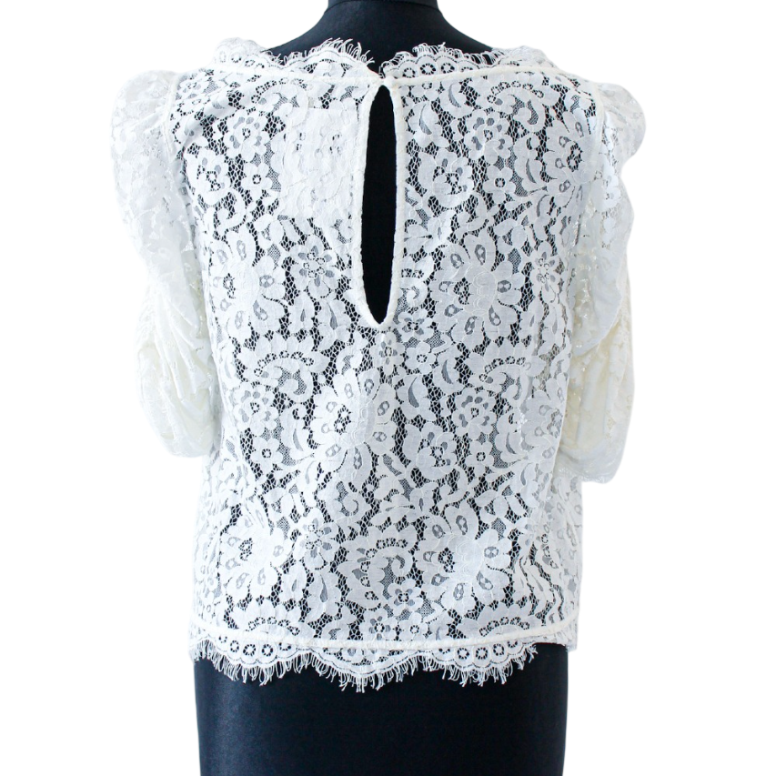 Joie White X584 Sheer Lace Ruched Sleeve Blouse UK M