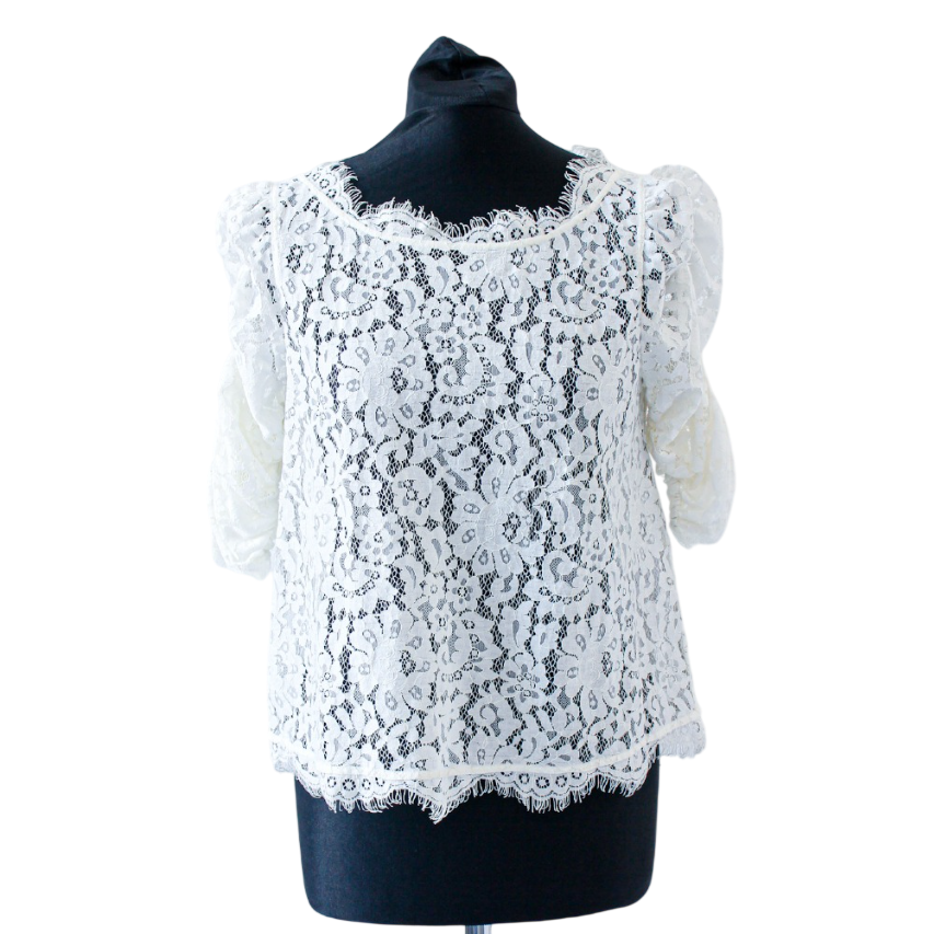 Joie White X584 Sheer Lace Ruched Sleeve Blouse UK M