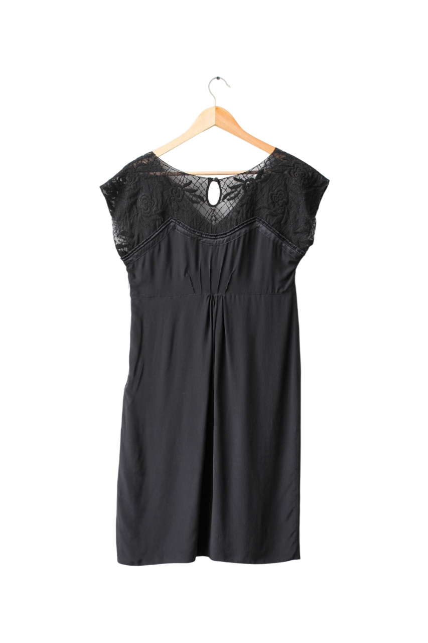 ghost Black 100% Silk Embroidered  Lace Dress UK 10