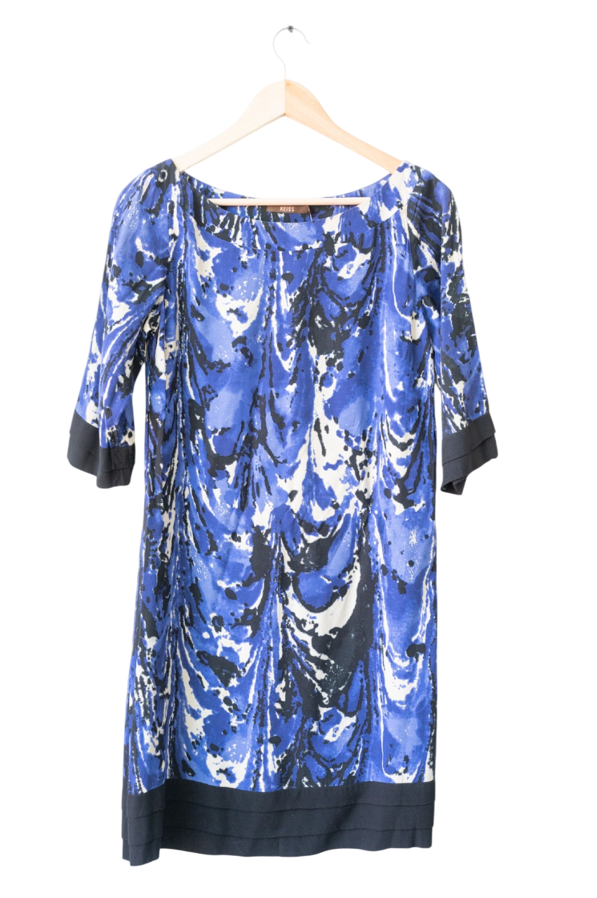 REISS Blue Abstract Painterly Print Dress UK 8