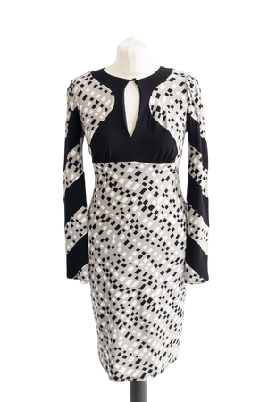 Ossie Clark Grey Keyhole Geometric Printed Dress UK 10