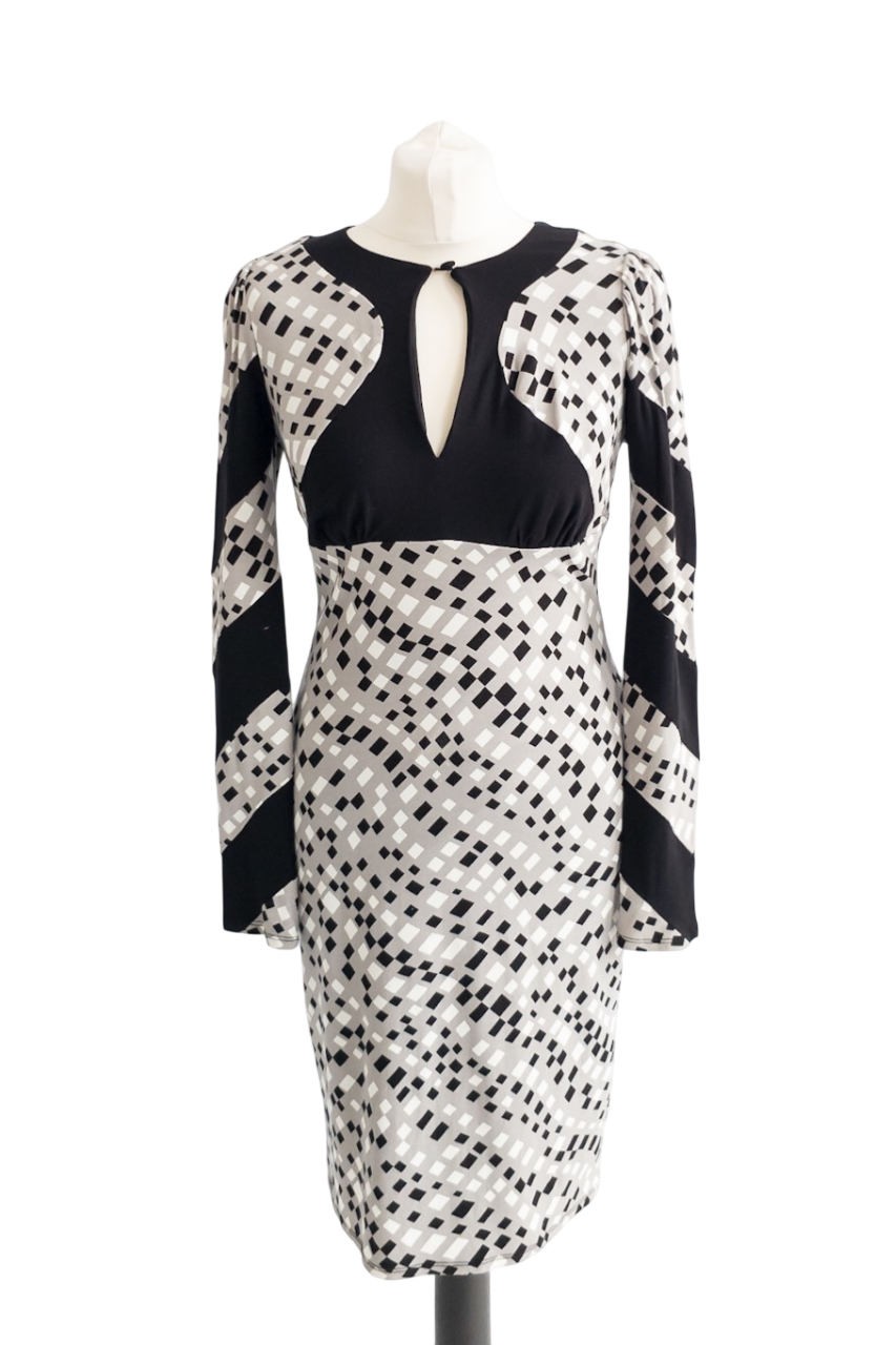 Ossie Clark Grey Keyhole Geometric Printed Dress UK 10