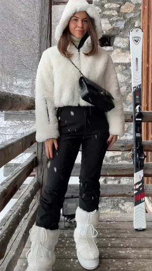 ZARA Cream Short Faux Fur Hooded Coat Recco Technology Ski Collection UK S