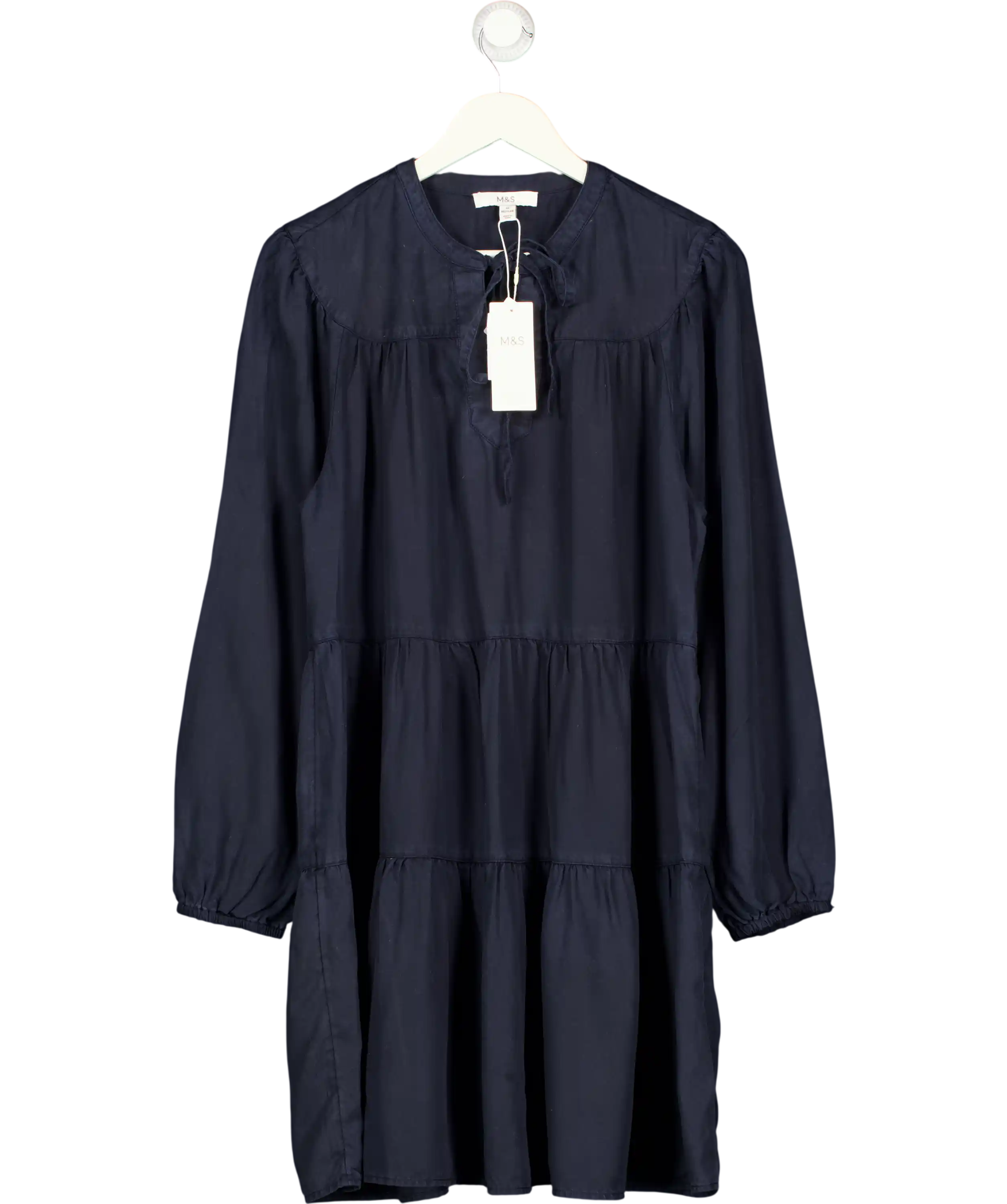 M&S Blue Pure Lyocel Tie Neck Mini Tiered Dress UK 14