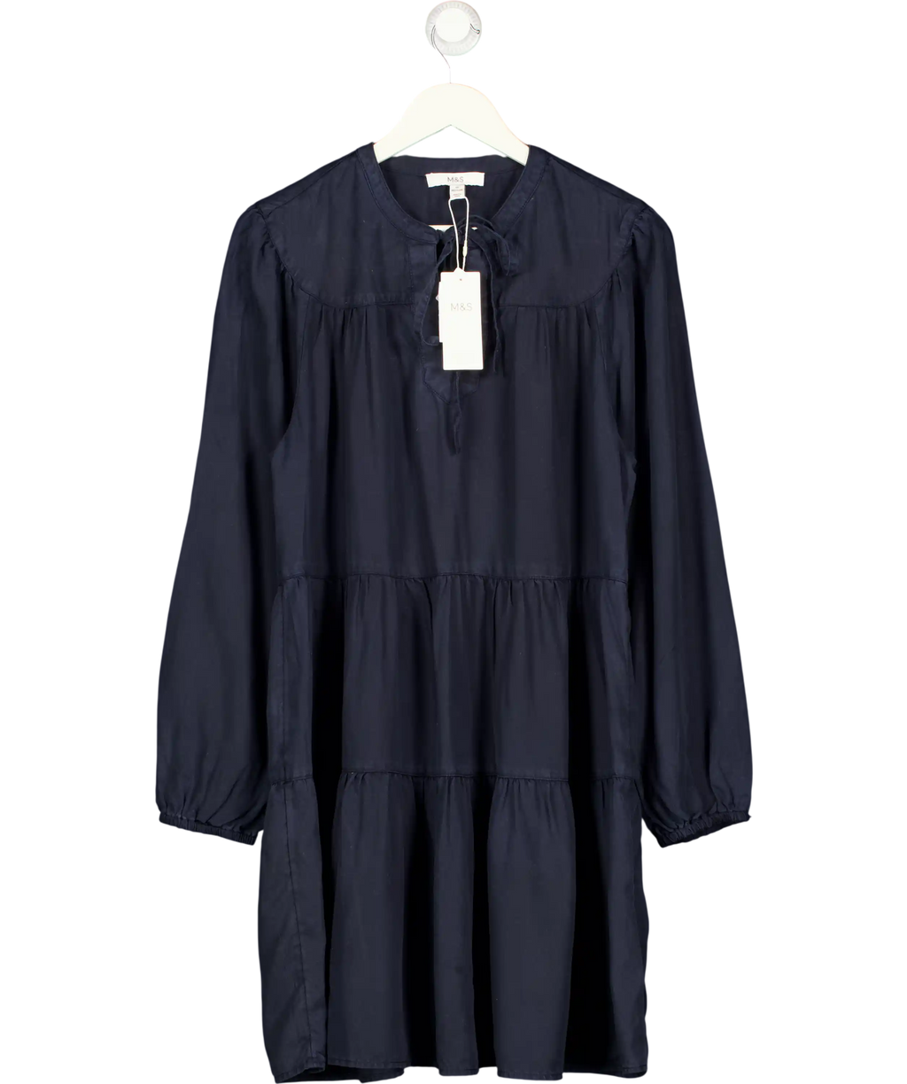 M&S Blue Pure Lyocel Tie Neck Mini Tiered Dress UK 14