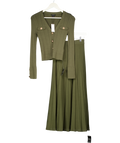 Karen Millen 2-piece Olive Green Military Rib Knit Georgette Sleeve Cardigan And Midi Skirt Set UK XS
