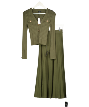 Karen Millen 2-piece Olive Green Military Rib Knit Georgette Sleeve Cardigan And Midi Skirt Set UK XS