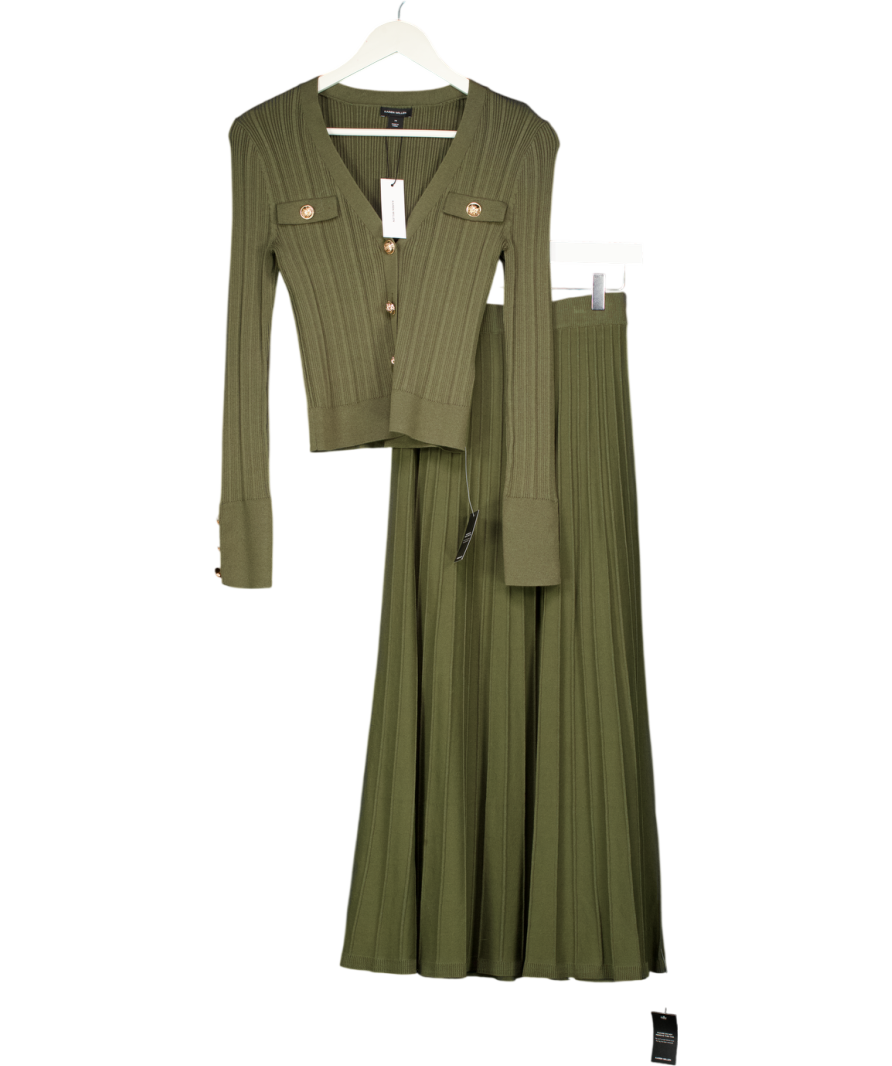 Karen Millen 2-piece Olive Green Military Rib Knit Georgette Sleeve Cardigan And Midi Skirt Set UK XS