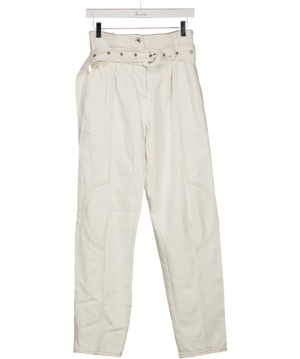 Low Classic White High Waisted Contrast Stitch Belted Jeans UK M