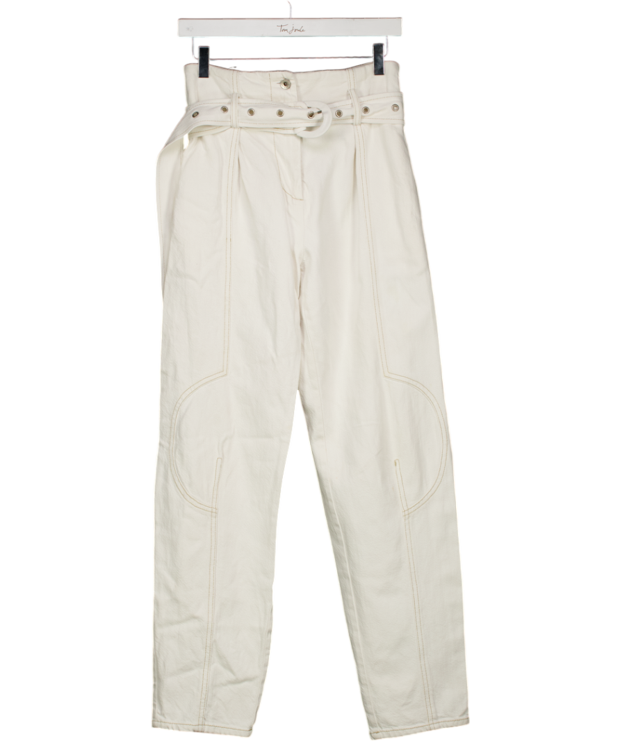 Low Classic White High Waisted Contrast Stitch Belted Jeans UK M