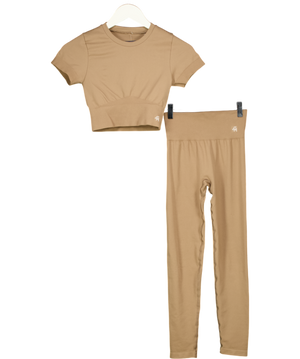 4th & Reckless Brown Brogan Short-sleeve Performance Gym Top & Leggings Set UK S