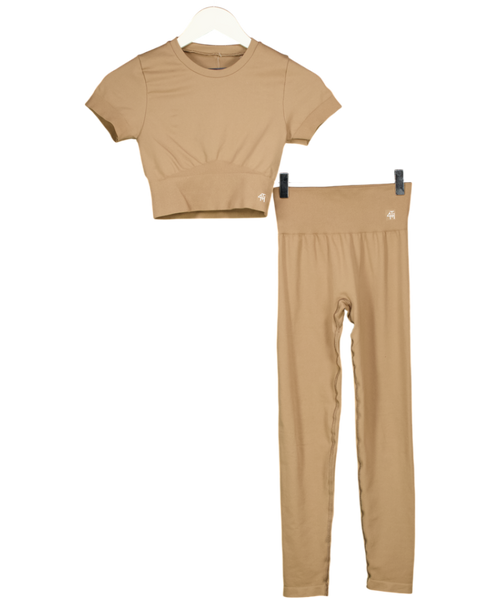 4th & Reckless Brown Brogan Short-sleeve Performance Gym Top & Leggings Set UK S