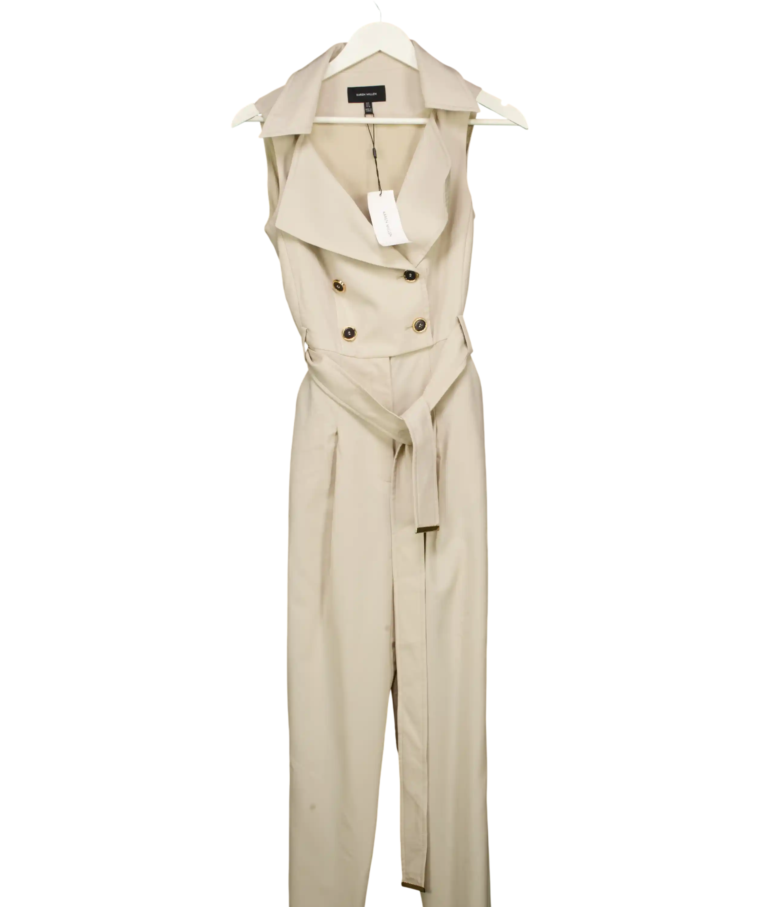 Karen Millen Beige Polished Stretch Wool Blend Double Breasted Jumpsuit Ston UK 8