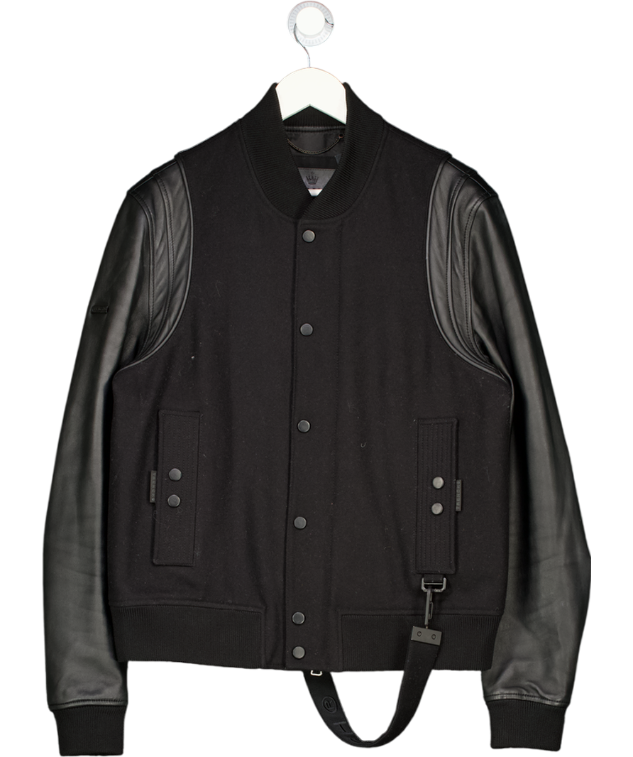 TRENCH LONDON London Black Leather Sleeve Bomber Jacket UK XL