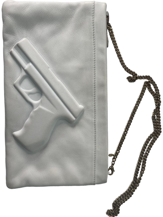 Vlieger & Vandam White Embossed Gun Chain Strap Leather Clutch Bag