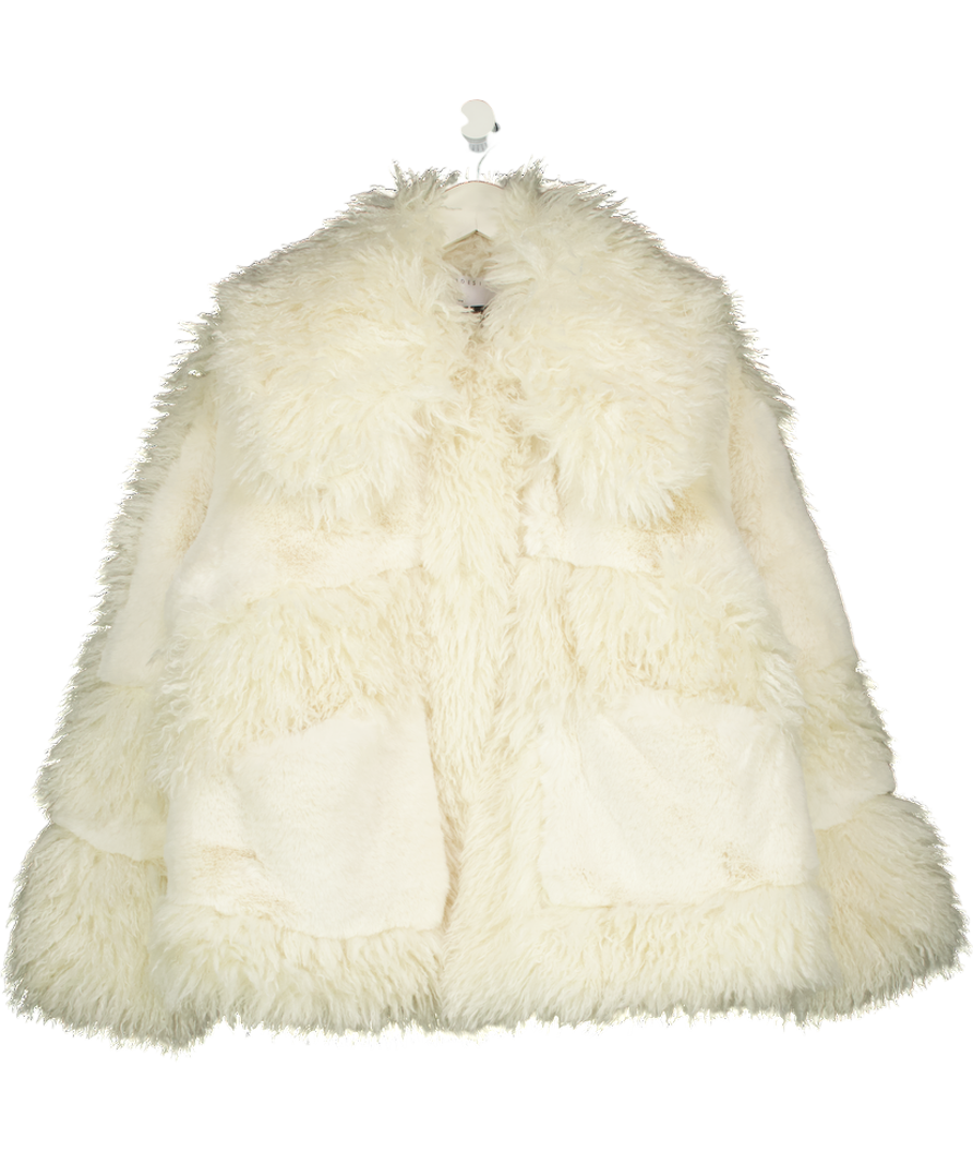 ASOS Design Faux Fur Patched Coat In Cream UK S