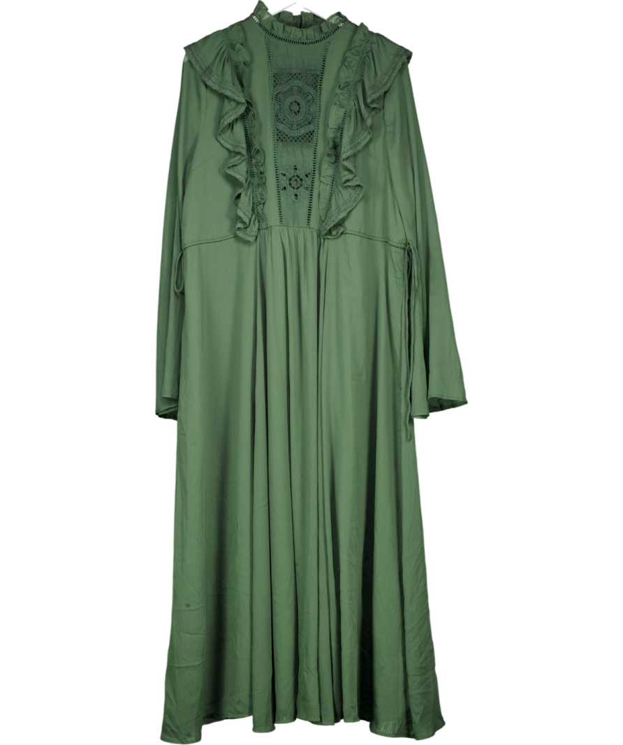 ASOS Green High Neck Ruffle Maxi Dress With Lace Inserts UK 18