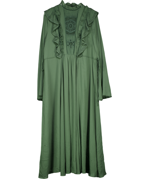 ASOS Green High Neck Ruffle Maxi Dress With Lace Inserts UK 18