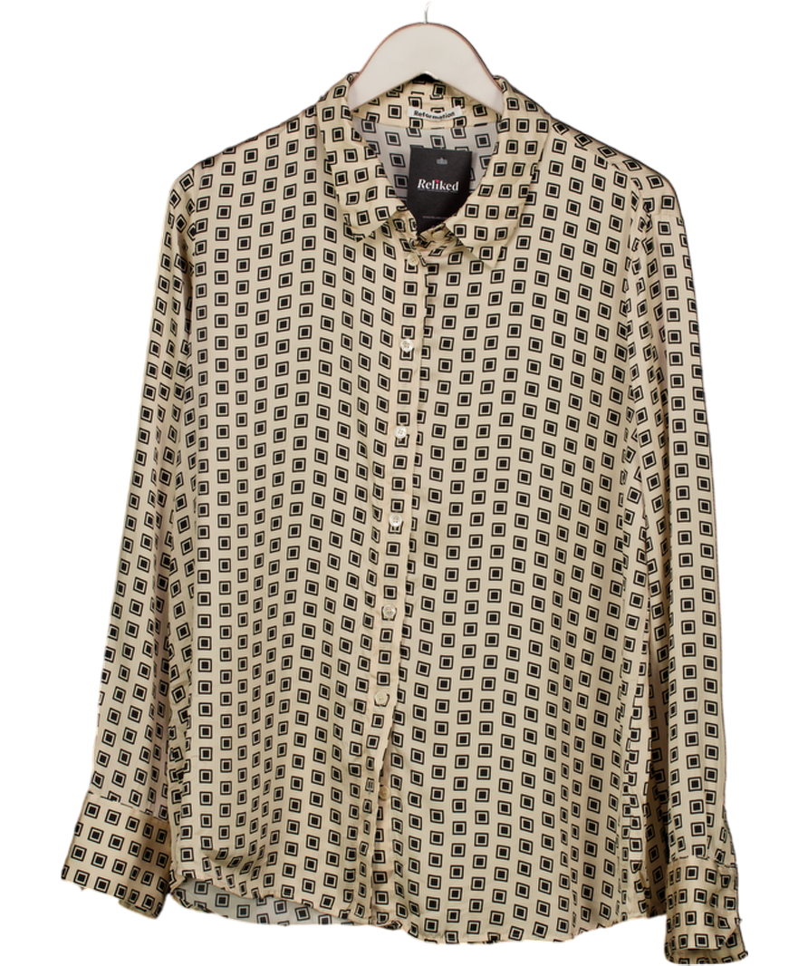 Reformation Cream Satin Square Print Shirt UK M/L