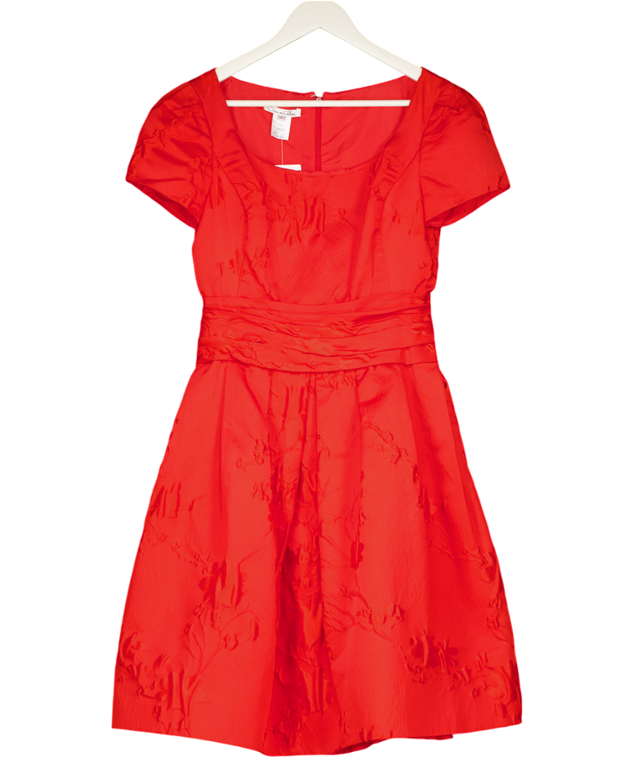 Oscar de la Renta Red O544 Scoop Neck Textured Short Sleeved Dress UK 8