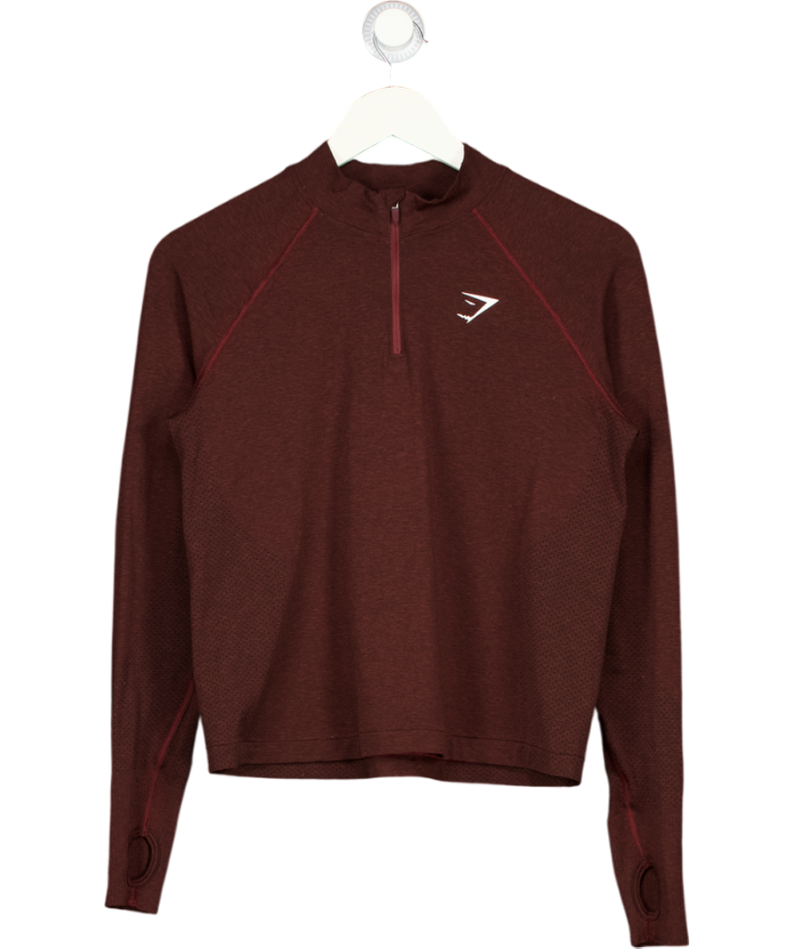 GYMSHARK Burgundy Brown Ling Sleeve 1/4 Zip Seamless Top UK M