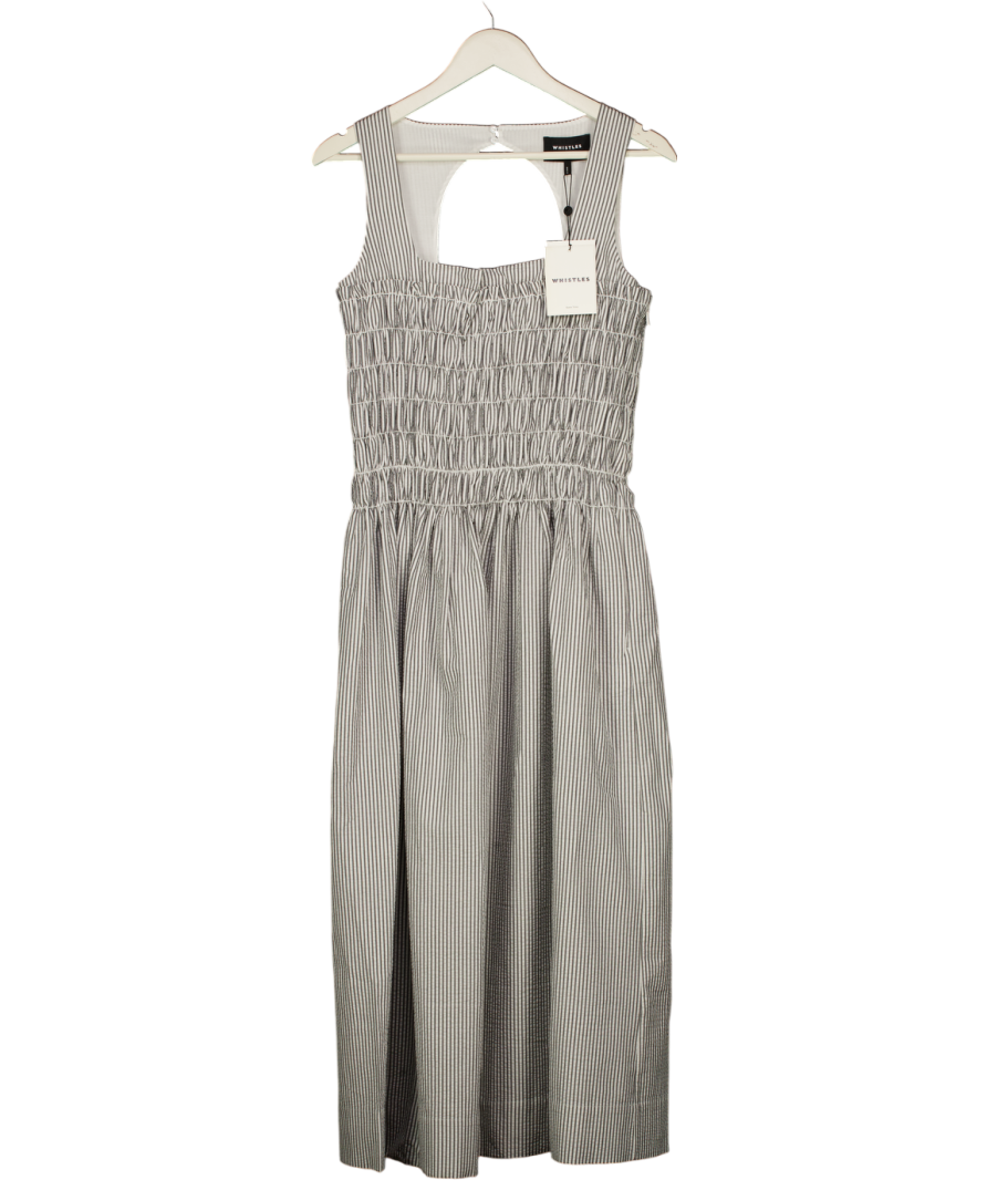 WHISTLES White & Grey Striped Seersucker Ruched Bodice Dress UK 12