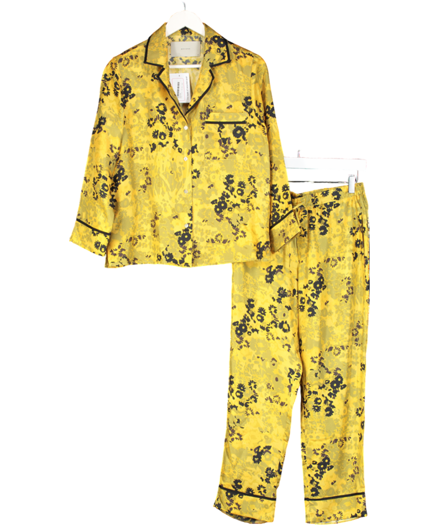 Asceno Yellow 100% Silk Floral Print Top And Trouser Set UK S
