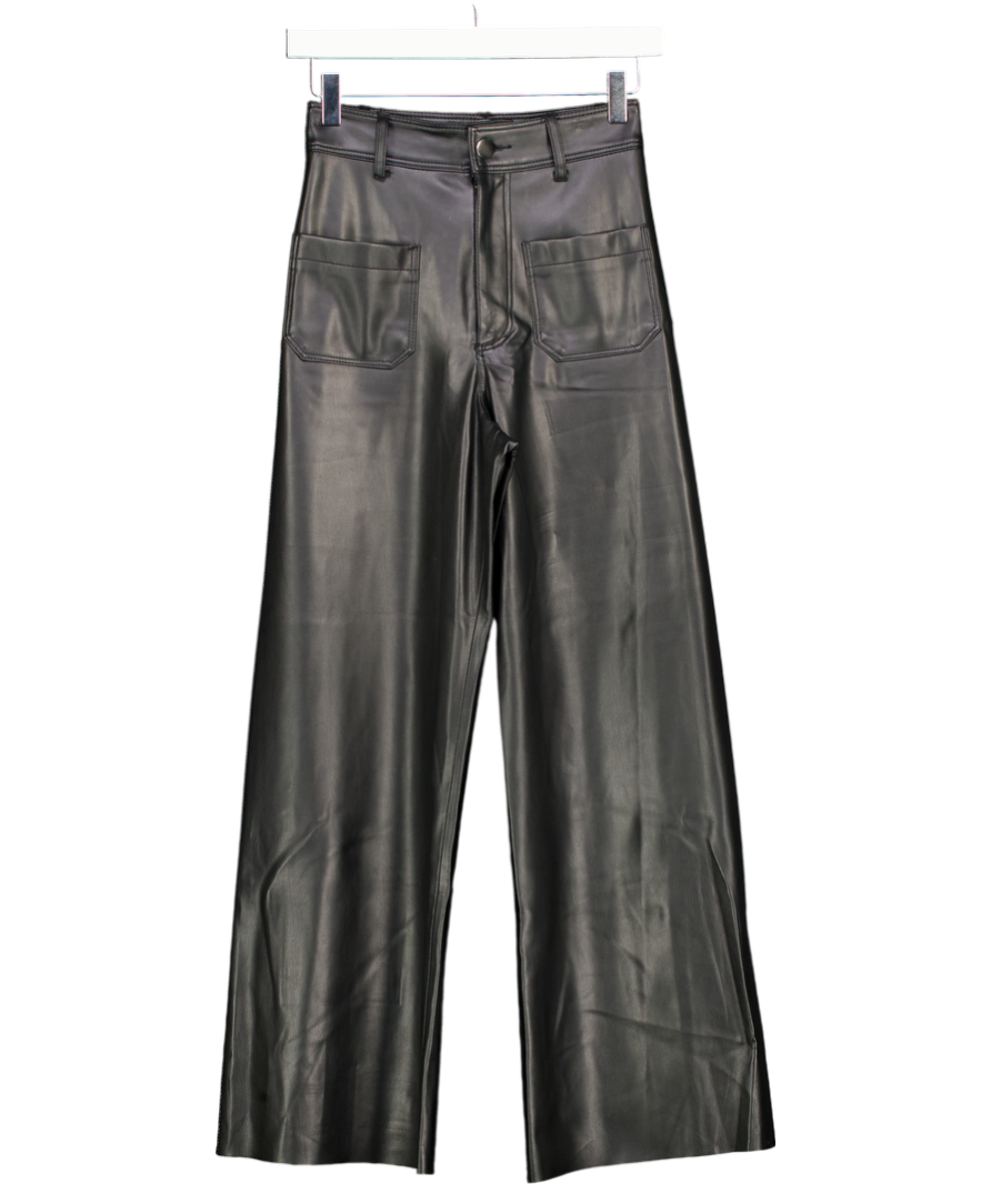 ZARA Black Cropped Stright Leg Patch Pocket Faux Leather Trousers UK 4