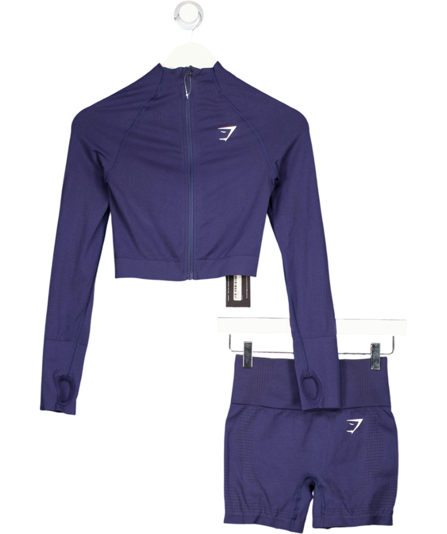 GYMSHARK 2-piece Navy Blue Seamless  Zip Up Jacket And Bike Shorts Set UK XS/S