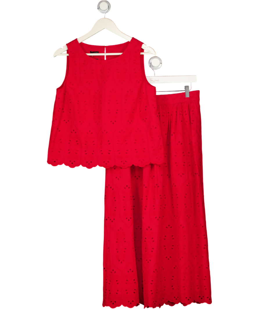 TALBOTS 2-piece Red Broderie Sleeveless Top And Trouser Set With Scalloped Edge UK S
