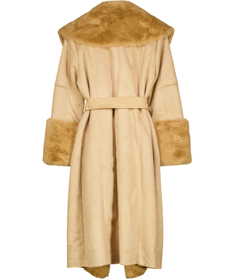 Karen Millen Beige Faux Shearling Collar & Cuff Belted Midi Coat UK 12