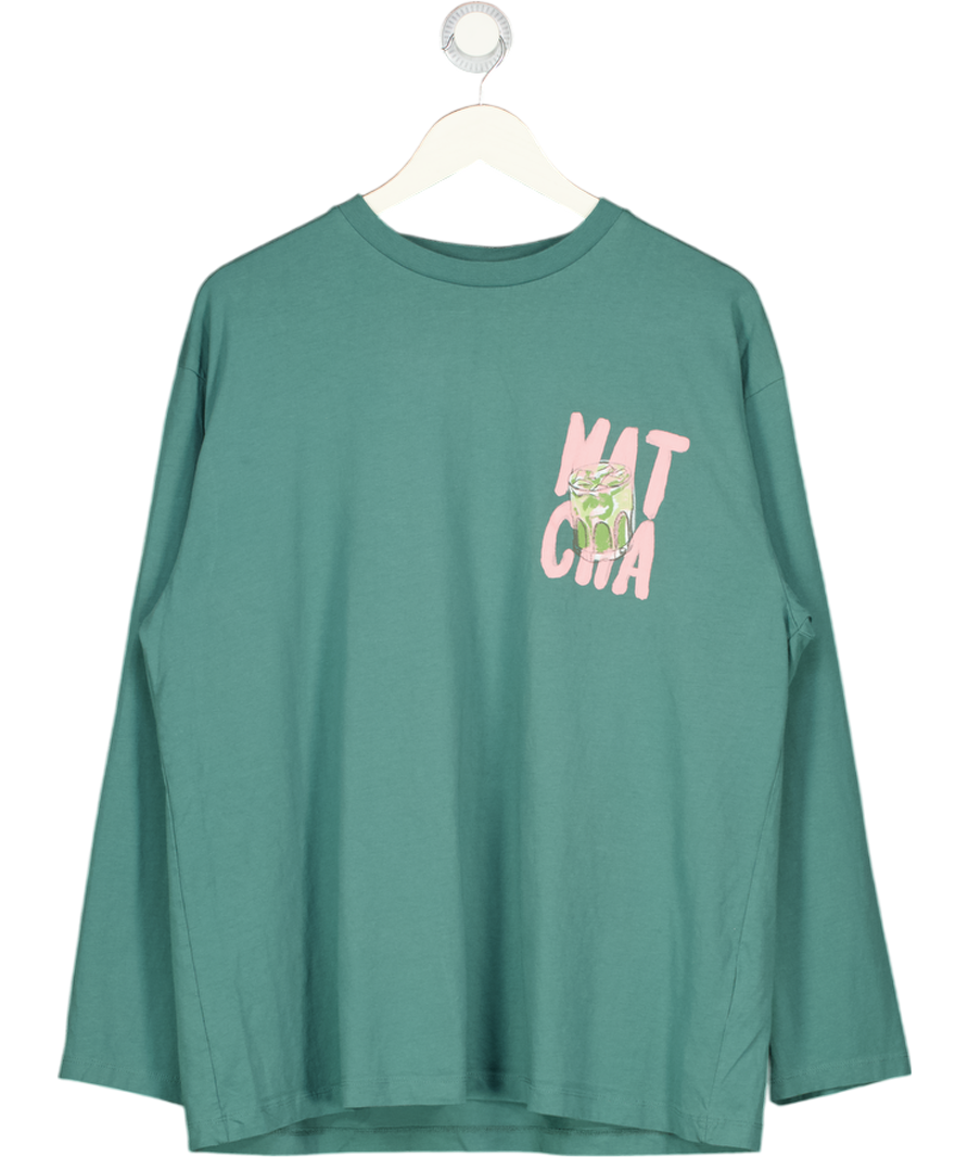 ASOS Grey Design Long Sleeve Skater Tee With Matcha Graphic In Green UK M