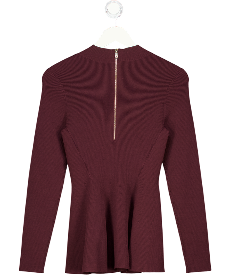 REISS Florere Burgundy Red Rib Knit Detail Peplum Jumper UK 10