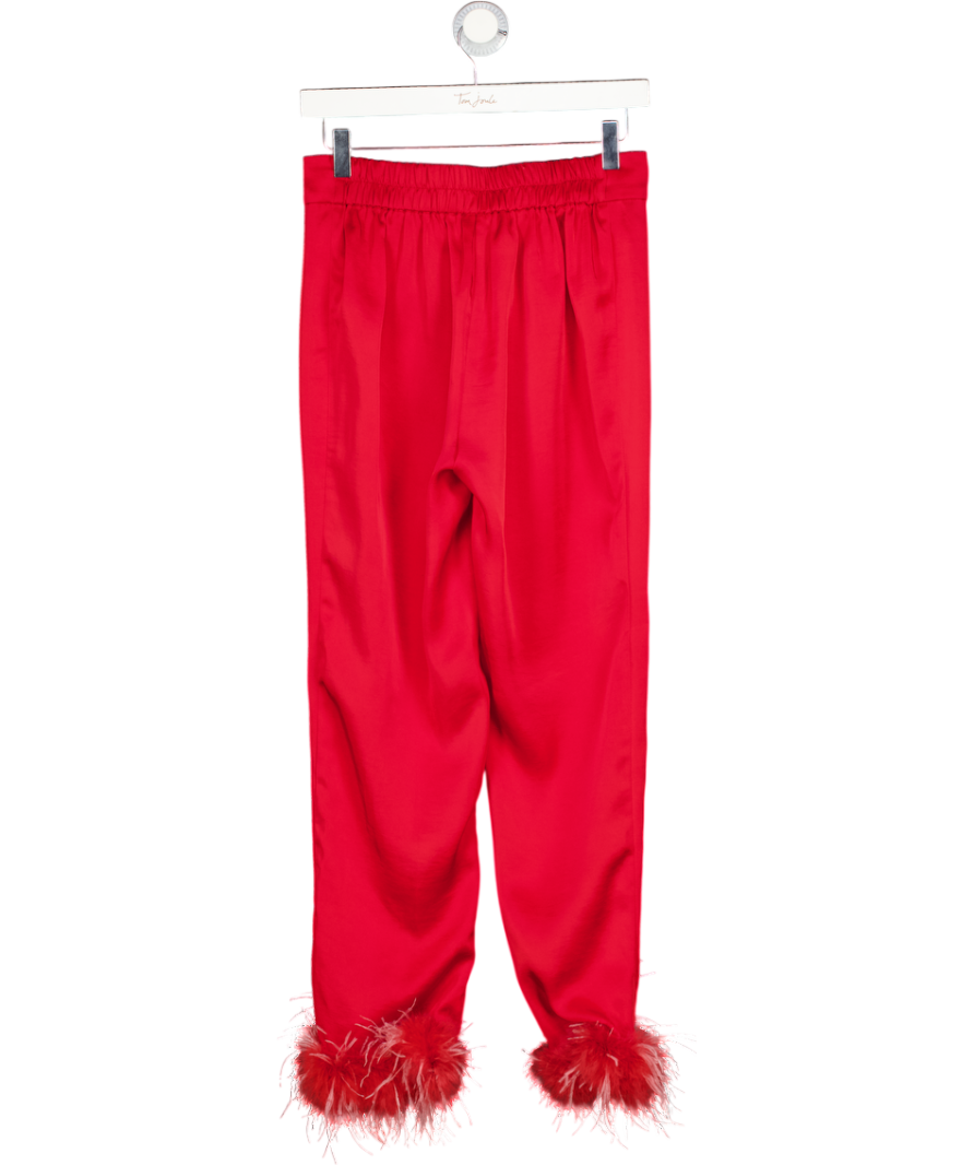 NADINE MERABI Red Satin Feather Trim Pyjama Style Trousers UK XS