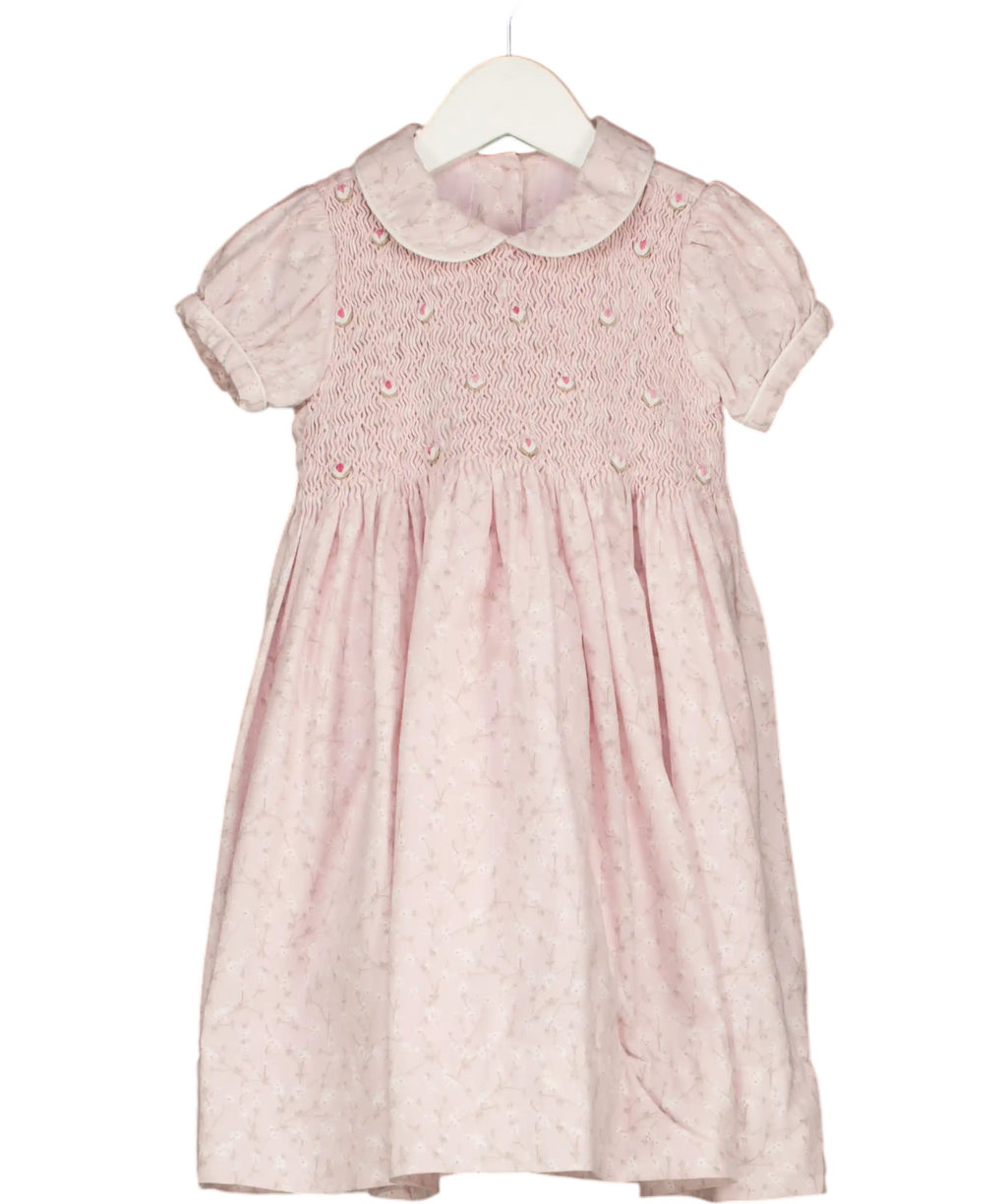 CASHMIRINO Pink Floral Hand-smocked Cotton Peter Pan Dress 2 Years