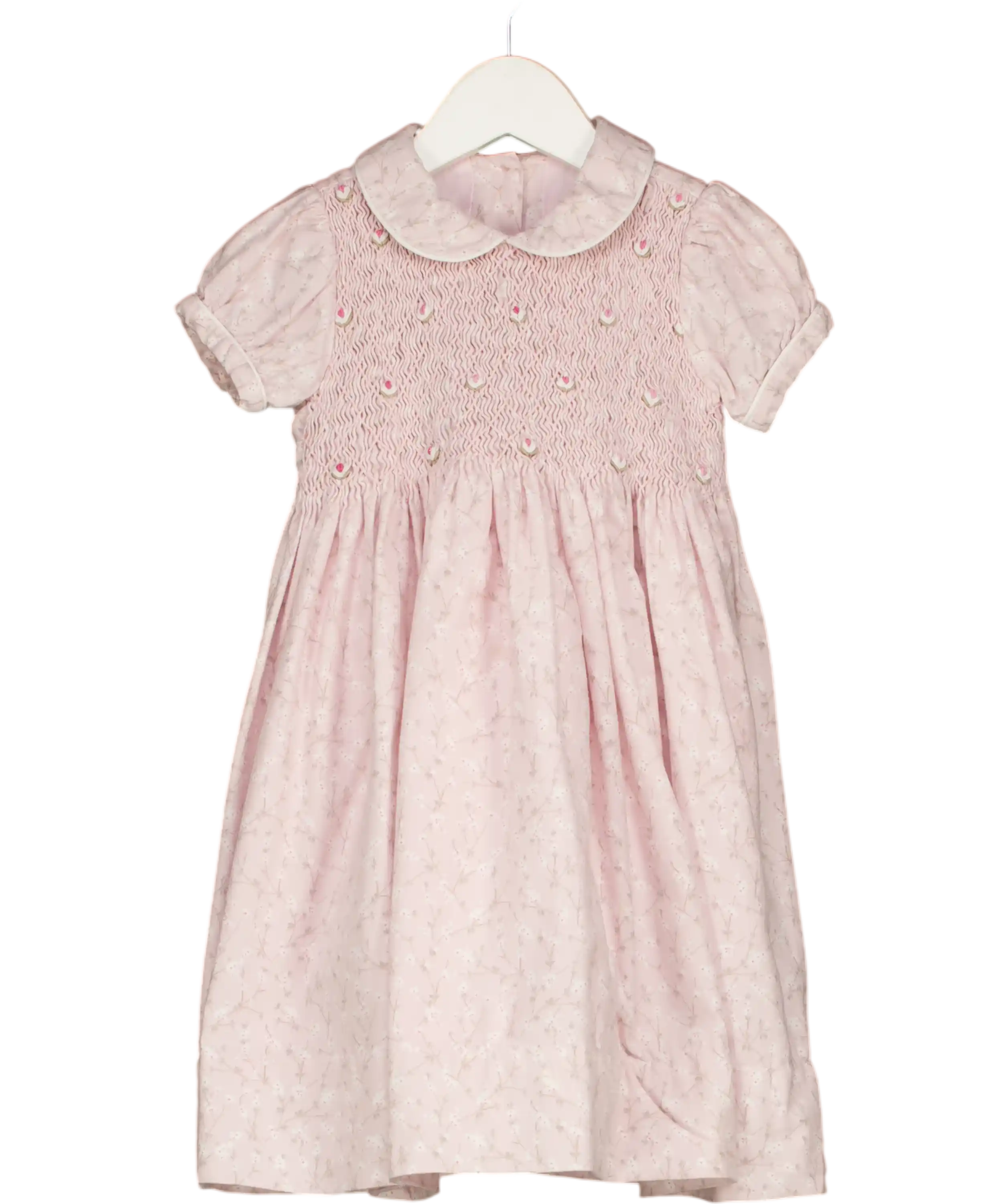 CASHMIRINO Pink Floral Hand-smocked Cotton Peter Pan Dress 2 Years